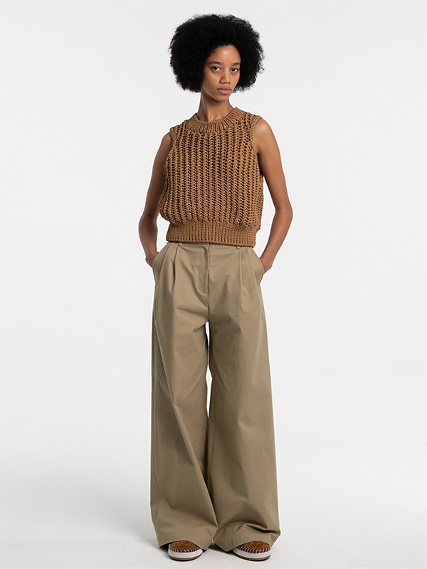 COTTON TWO TUCKED WIDE PANTS_BEIGE